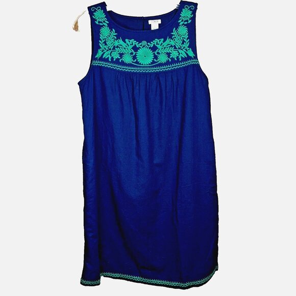 J. Crew Navy Linen Blend Dress S Boho Embroidered Coastal Chic Sleeveless Lined - Picture 1 of 7